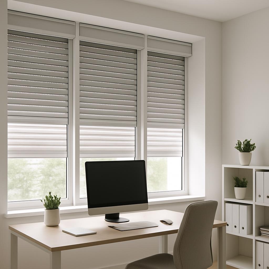 Building a home office setup, featuring a white desk, computer monitor and chair near a window with open blinds.