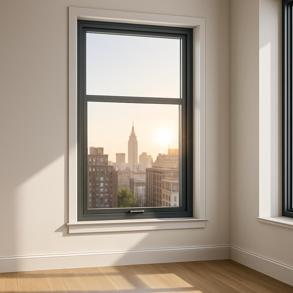 German Empty, white room with large window and city view of New York City seated in the middle of the wall. The room has b...