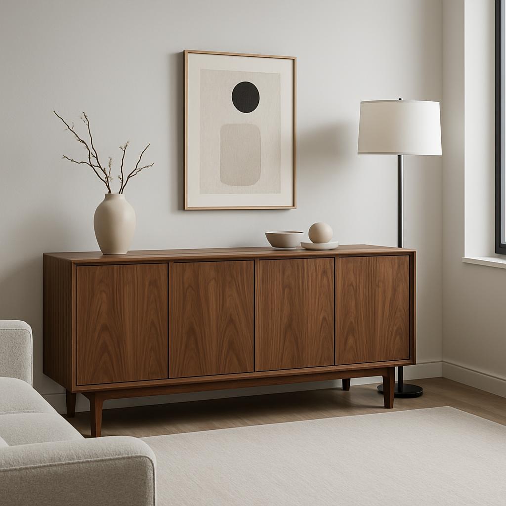 Sideboard in minimalist living room with abstract wall art. Sideboard is walnut wood with one white lamp and vases. Formal...