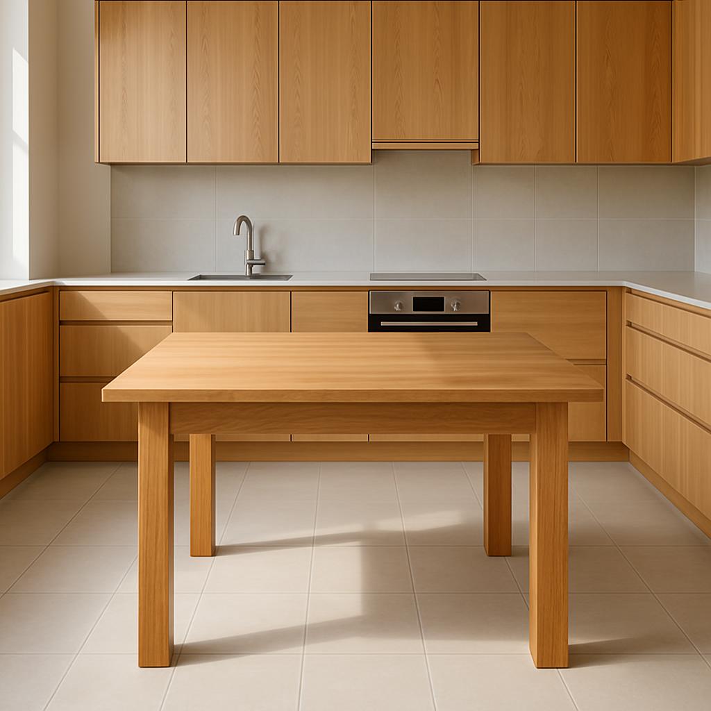 Ein Küchenbereich in einem hellem Raum mit hellbrauner Küchenzeilenfurnitur, weißen Wandfliesen, kleine Tisch und, kreuzfö...